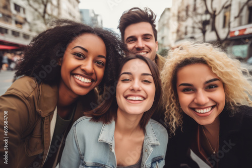 Portrait of a group of friends smiling and looking at camera.