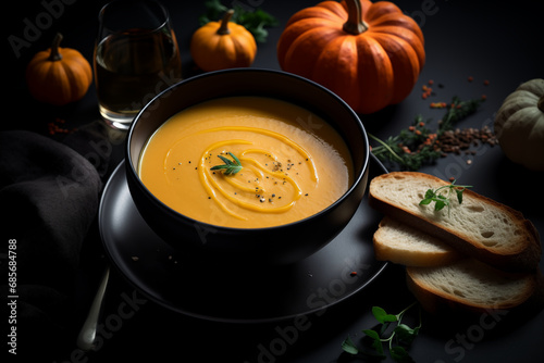 Bowl of pumpkin soup with herbs and cheese. Food photography for lifestyle blog, seasonal restaurant menu or holiday cookbook