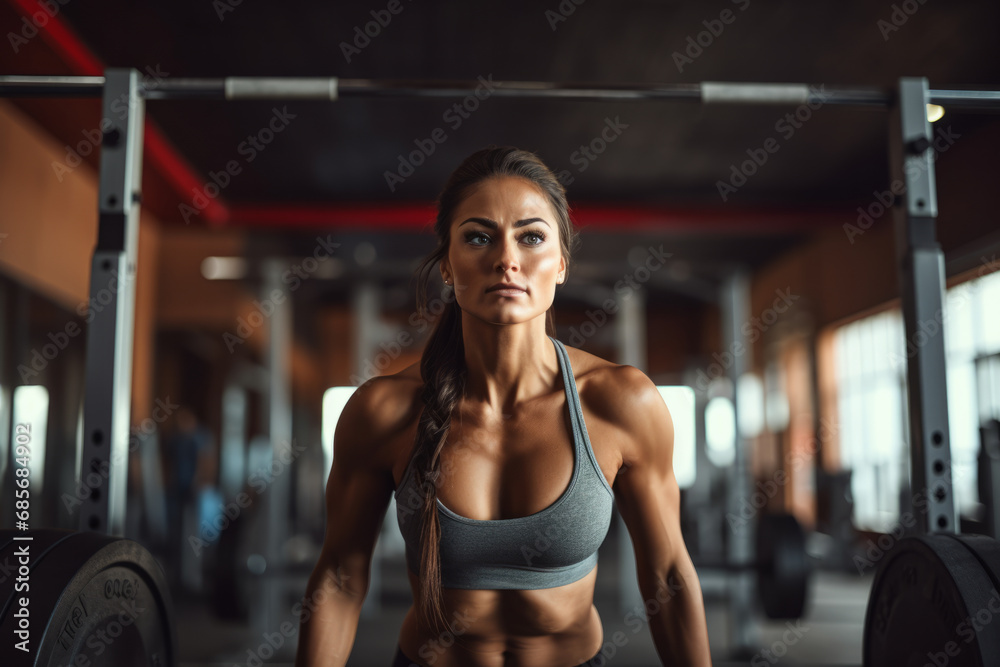 Beautiful sexy athletic young brunette Caucasian girl working out training arms in the gym gaining weight pumping up muscles and poses fitness and bodybuilding concept