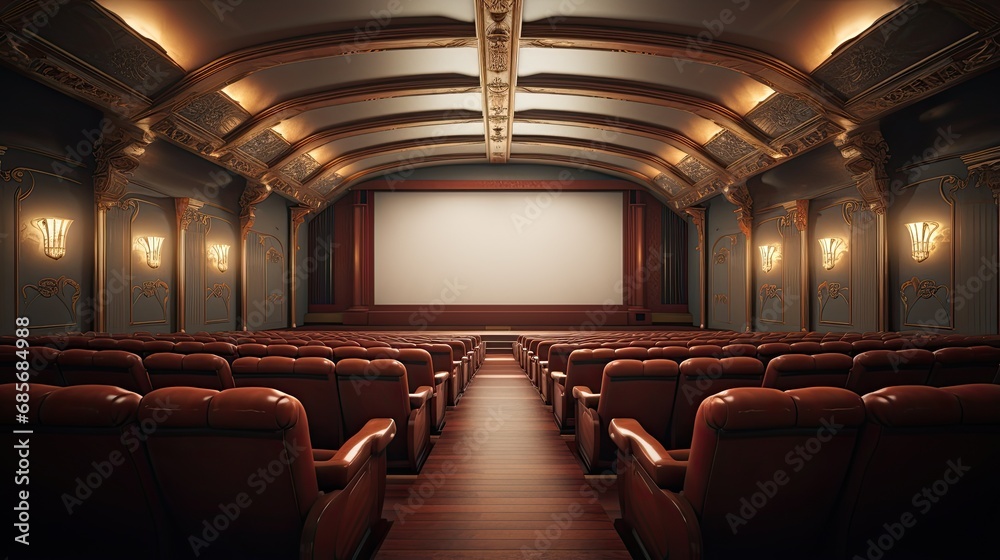 An empty cozy movie room with chairs, a screen and lights on the walls. Illustration for cover, card, postcard, interior design, banner, poster, brochure, advertising, marketing or presentation. An empty cozy movie room with chairs, a screen and lights on the walls. Illustration for cover, card, postcard, interior design, banner, poster, brochure, advertising, marketing or presentation.