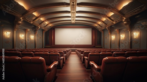 An empty cozy movie room with chairs, a screen and lights on the walls. Illustration for cover, card, postcard, interior design, banner, poster, brochure, advertising, marketing or presentation. © Login