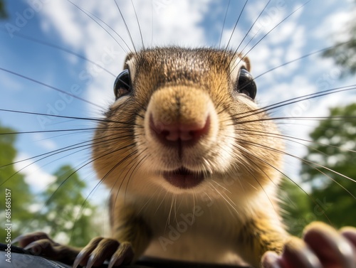 Close-up of a curious chipmunk in its natural habitat. Detailed image of the muzzle. A wild animal is looking at something. Illustration with distorted fisheye effect. Design for cover, card, etc. photo