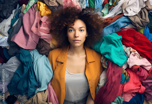 Wondered curly haired ethnic woman focused above surrounded by multicolored laundry cluttered with clothes collects clothing for recycling
