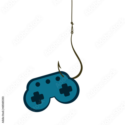 A joystick from a computer game hangs on a fishing hook