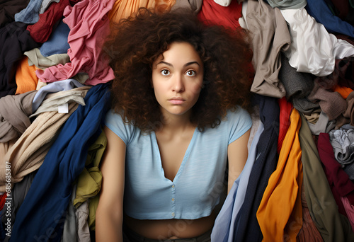 Wondered curly haired ethnic woman focused above surrounded by multicolored laundry cluttered with clothes collects clothing for recycling photo