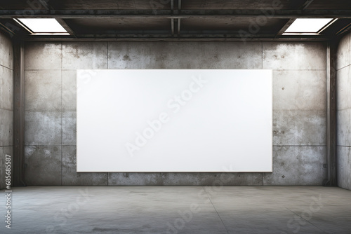 large white blank screen in a empty concrete interior. empty industrial room with a large blank white screen  © Rangga Bimantara