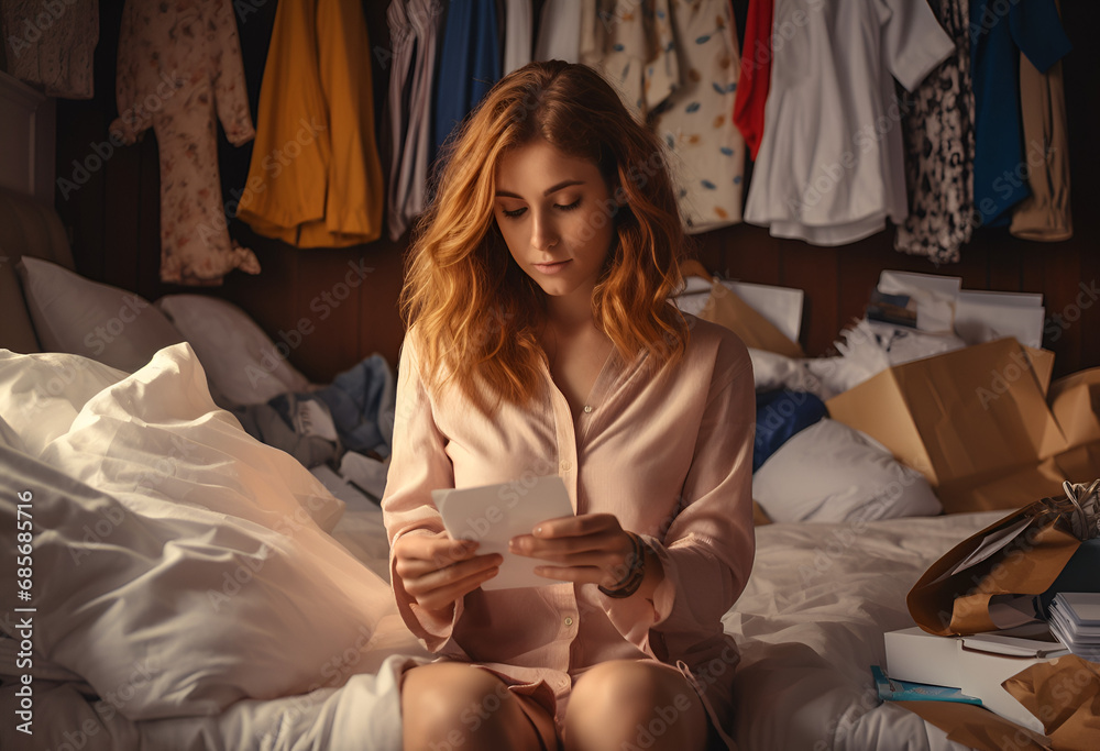 Obraz premium Young busy redhead woman talks via smartphone
