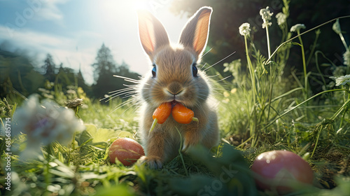 bunny rabbit eating carrots on grass photo