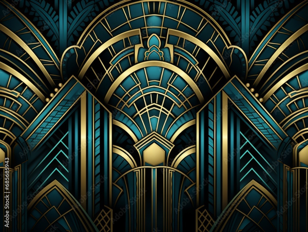 Art Deco Elegance: Geometric Fans and Arch Patterns in Gold and Teal Art Deco Elegance: Geometric Fans and Arch Patterns in Gold and Teal