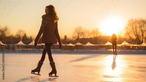 Young ginger skinny woman skating on ice ring and smiling. photo