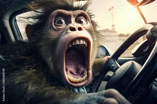 The face of a frightened, shocked monkey driving a car. Humor. joke. Conceptual. photo