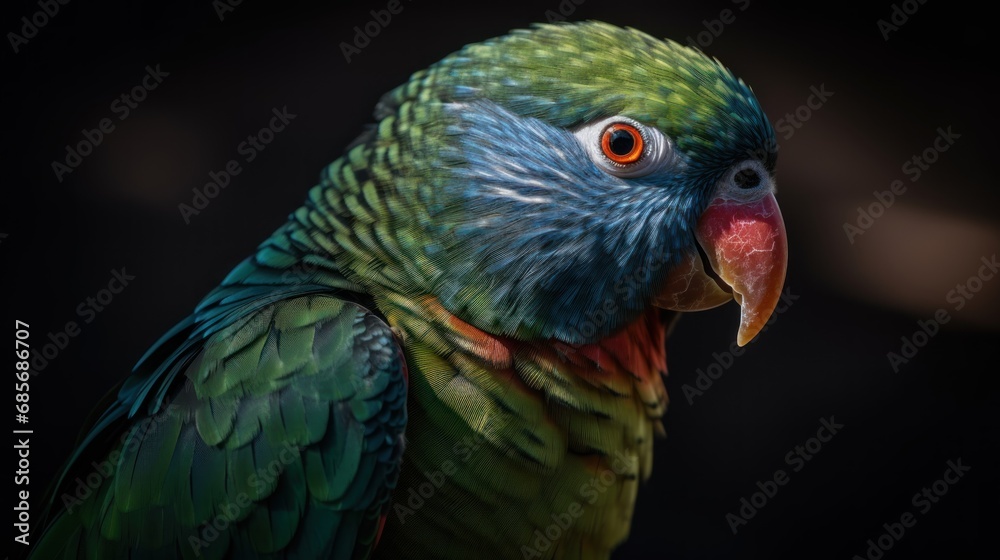 Close up of a colorful parrot looking at the camera with a black background. Pet. Pet Concept. Wilderness Concept. Wildlife Concept.
