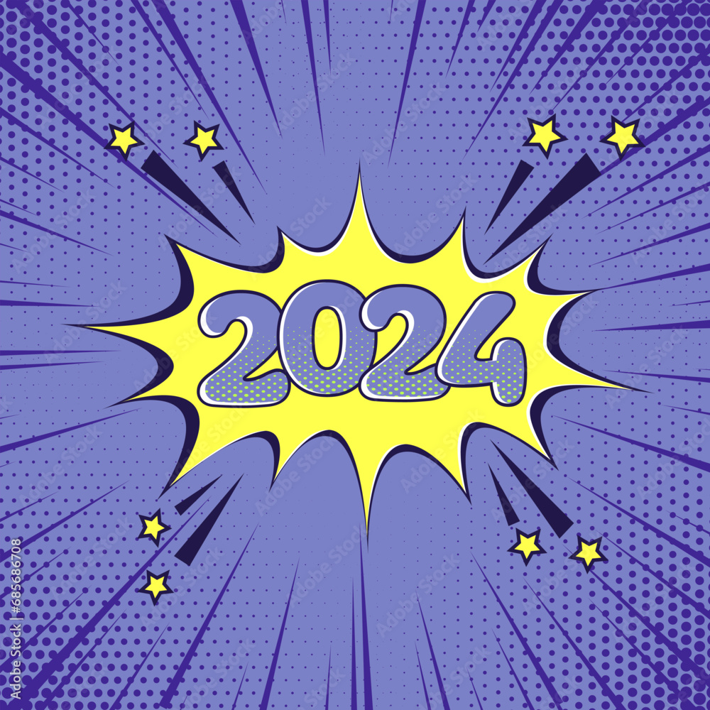 2024 New Year comic speech bubble vector icon Comic sound effect, stars and halftone dots shadow in pop art style