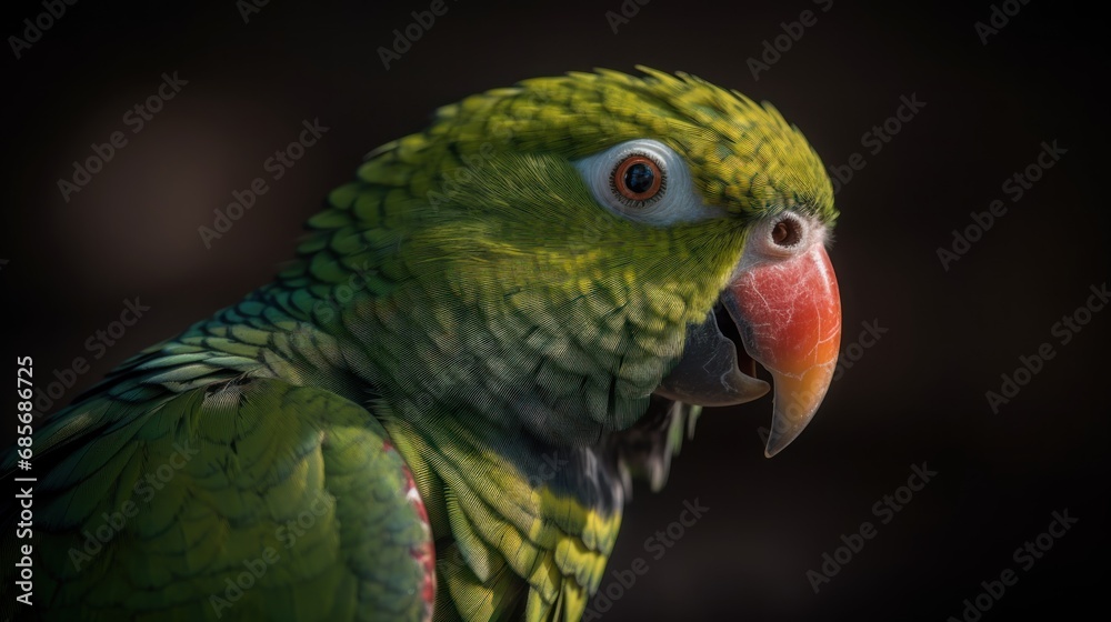 Portrait of a green parrot on a dark background close up. Pet. Pet Concept. Wilderness Concept. Wildlife Concept. Indian ringneck parrot.