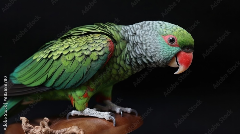 Parrot on a perch on a black background, close-up. Pet. Pet Concept. Wilderness Concept. Wildlife Concept. Indian ringneck parrot.