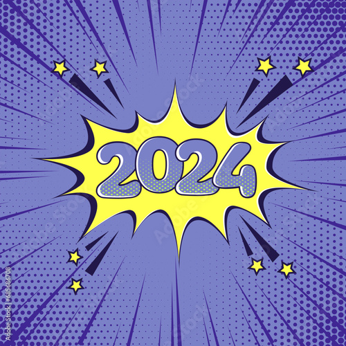 Obraz na płótnie 2024 New Year comic speech bubble vector icon Comic sound effect, stars and halftone dots shadow in pop art style
w salonie