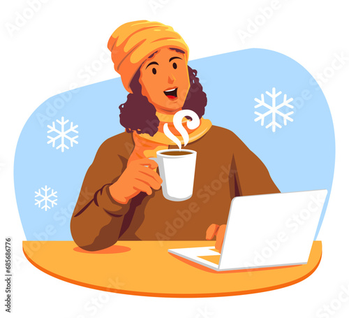 Happy woman holding a cup of coffee and a laptop