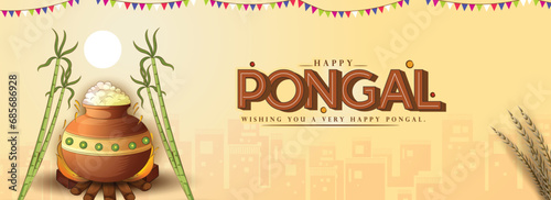 vector Pongal Celebration illustration of Pongali Rice In Mud Pot with creative background. photo