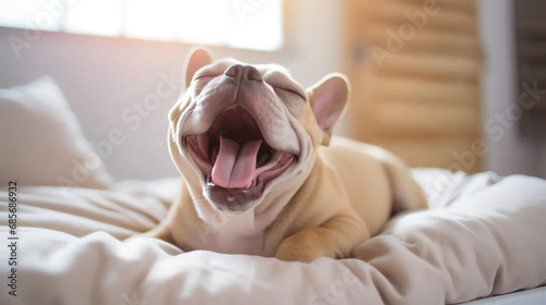ベージュのフレンチブルドッグがベッドの上であくびしているアップの写真 © dont