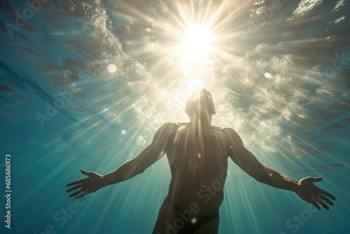Man swimming from the transparent depths of the sea towards the radiance of sunlight. Vacation, active rest, relaxation.