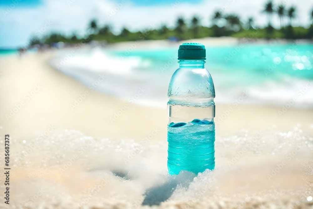 bottle of mineral water on the beach , advertising template bottle of mineral water on the beach , advertising template
