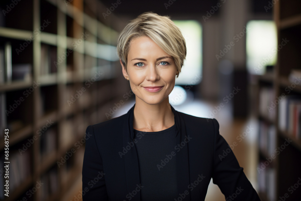 Fototapeta premium Portrait of young woman working as a tutor teacher in university generative AI