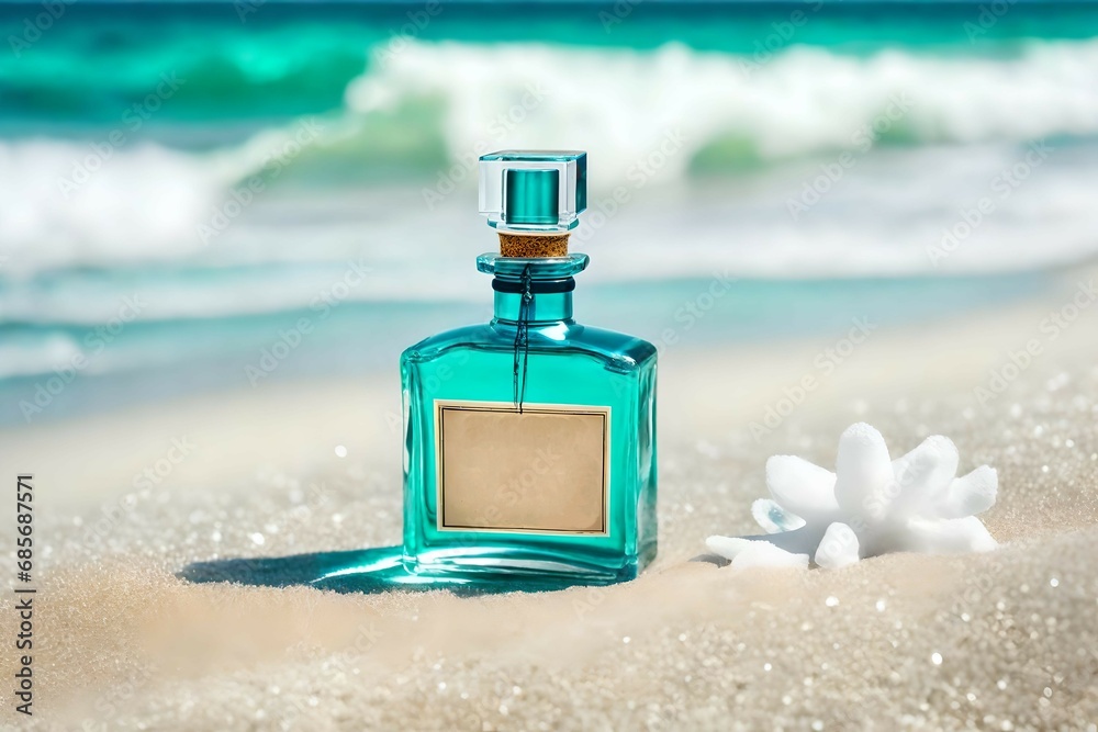 turquoise perfume flacon with blank label on a paradisiac beach turquoise perfume flacon with blank label on a paradisiac beach