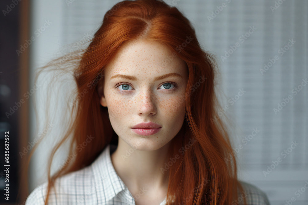 Made with generative ai technology portrait of cute lovely girl with red hair and freckles Made with generative ai technology portrait of cute lovely girl with red hair and freckles