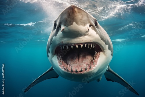 Ocean white shark view from below, open toothy mouth with many teeth photo