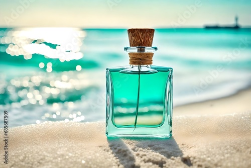 perfume bottle on a paradisiac beach