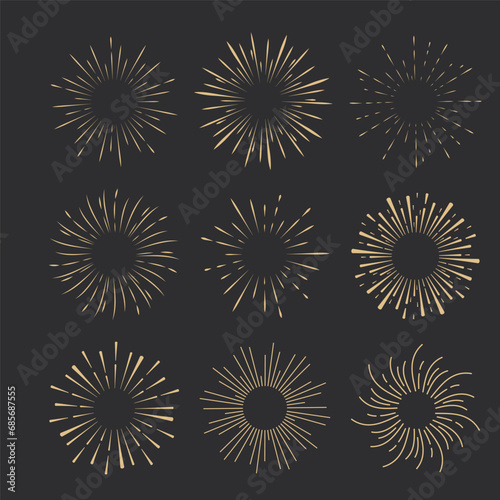 Set golden Fireworks, rays, sunburst frames circle border decoration, sparkle in doodle style, line sketch explosion isolated on dark background.