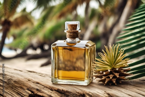 perfume bottle on a paradisiac beach with palmtrees photo