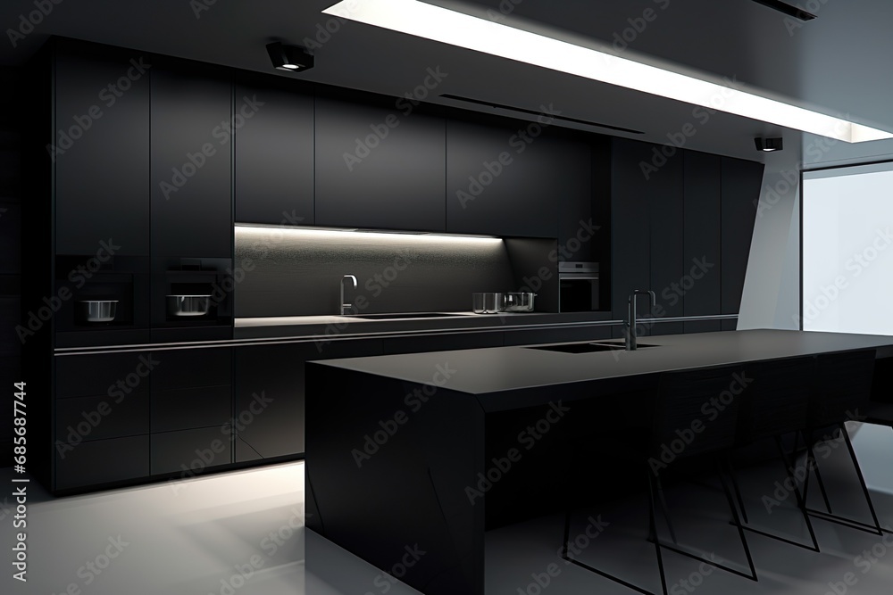 Sleek and modern, dark black kitchen exudes industrial edge and sophisticated style Sleek and modern, dark black kitchen exudes industrial edge and sophisticated style