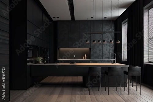 Sleek and modern  dark black kitchen exudes industrial edge and sophisticated style