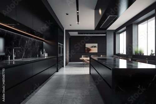 Sleek and modern, dark black kitchen exudes industrial edge and sophisticated style