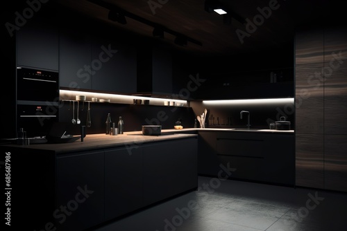 Sleek and modern, dark black kitchen exudes industrial edge and sophisticated style