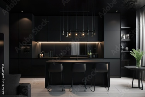 Sleek and modern, dark black kitchen exudes industrial edge and sophisticated style
