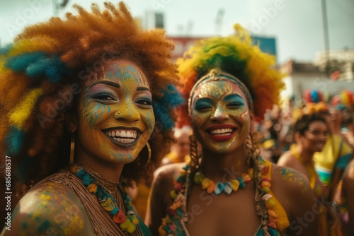 Smiling beautiful young women at a festival in colorful costumes, AI