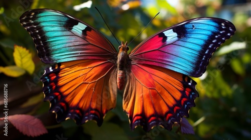 The iridescent colors of a painted butterfly in the morning sun. © tippapatt