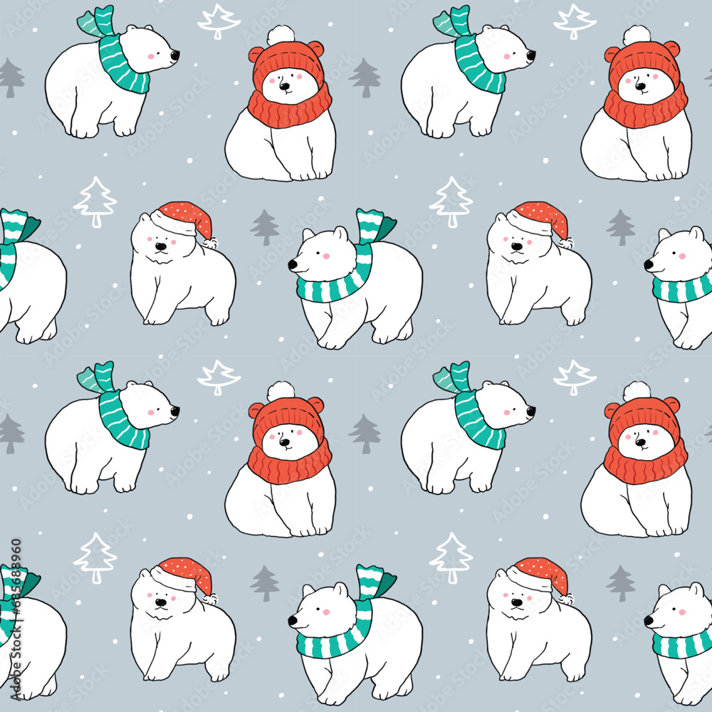 Fototapeta premium Seamless Pattern of Christmas and Winter Theme with Cartoon White Bear Character Design on Grey Background