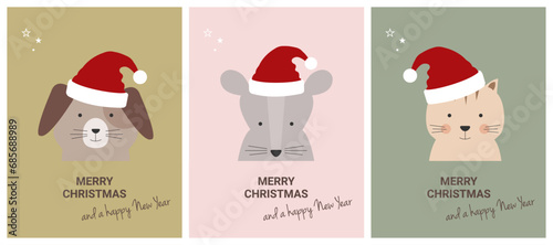 Festive animal trio: happy merry christmas card with cute characters, christmas dog, mouse and cat vector set