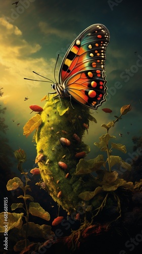 The transformation of a caterpillar into a painted butterfly.