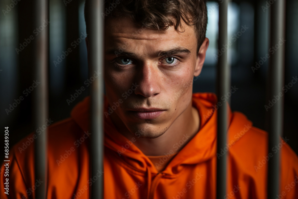 Guilty criminal person standing behind prison cage bars Generative AI creative illustration Guilty criminal person standing behind prison cage bars Generative AI creative illustration