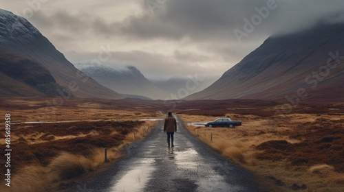Photo man walking towards his car at glen etive scotl.Generative AI photo
