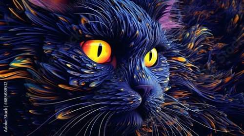 psychedelic black long haired cat with bright yellow.Generative AI