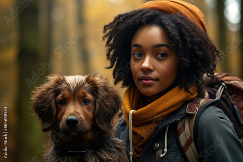 Generative ai image of charming girl walking with best friend dog in forest autumn season weather