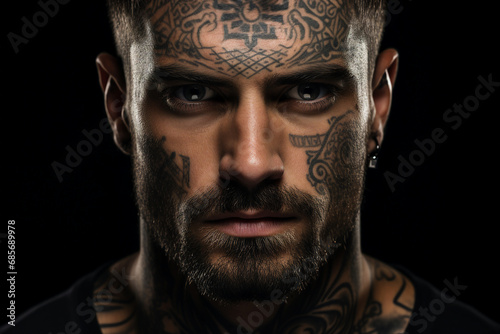 Brutal appearance man all body covered with tattoo dangerous type Generative IA picture portrait