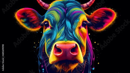 psychedelic portrait art of a cow black background.Generative AI