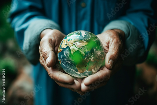 Woman hand holding earth save planet earth day generative ai image