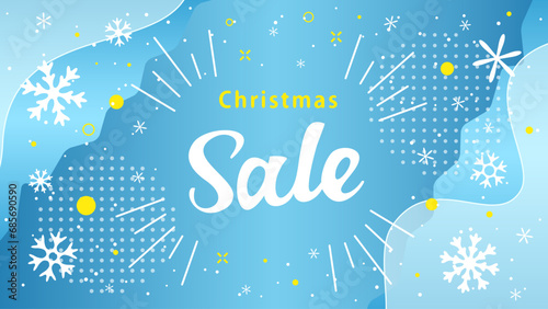 メリークリスマスの英語の文字、キラキラした雪の結晶と青色の背景。ベクターイラスト素材